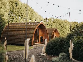 Two wooden pods with outdoor lights and pathway at Garden Pod in Waltham