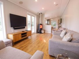 A living room with a television and wood stove at Lawson in Wigton