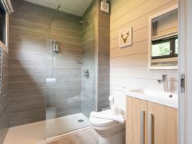 A bathroom with a shower, toilet, sink and mirror at Askrigg (Pet) Aysgarth