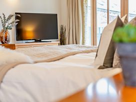 A bedroom with a television and bed at Barley Park in Marhamchurch