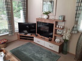 A living room with a television and shelf at Aberdunant Hall Holiday Park - Holiday Accommodation 21897 Porthmadog