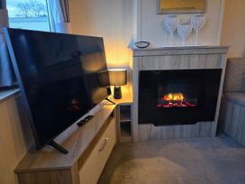 A living room with a TV and electric fireplace at Brynowen Holiday Park - Holiday Accommodation 22432, Borth