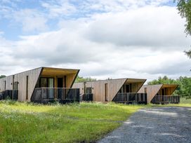 Three wooden cabins with balconies in a grassy area at Orka 1.0 Spa (Pet) Dumfries