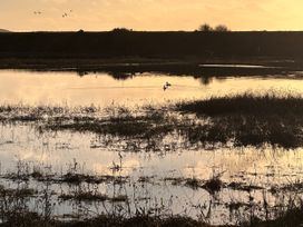 A serene landscape with water and flying birds at Pistyll Ddu in Llanfairpwllgwyngyll