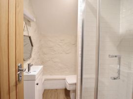 A bathroom with a sink, toilet, and shower at 1 Fron Uchaf in Parc near Bala