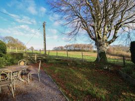 An outdoor area with a table, chairs, and a tree at 1 Fron Uchaf in Parc near Bala
