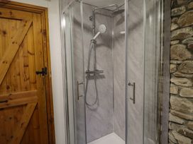 A shower with a glass enclosure and a wooden door at Gwyn Studio in Aberdare