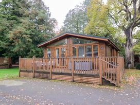 A cabin with a deck and surrounding trees at 5 Waterside Wood in Troutbeck Bridge