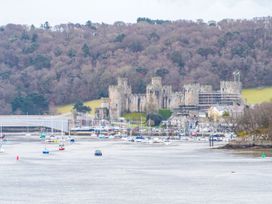 A view of a castle and boats on a river at Heulfan in Conwy