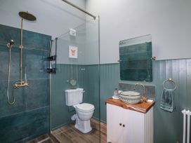 A bathroom with a shower, toilet, sink and mirror at Robins Rest at The Lodge Kilmacthomas