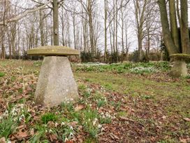 A stone bench surrounded by snowdrop flowers in an outdoor area at Owl Cottage in Woodbridge