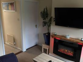 A living room featuring a television and an electric fireplace with a plant at 