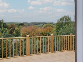 A view of a deck with wooden railing and surrounding trees at caravan NEW Uplyme