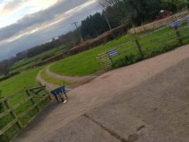 A field with a path and a wheelbarrow at a farm