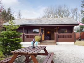 A log cabin with a table and chairs at Gisburn Forest Lodge