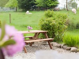 A garden with a wooden dining table and sheep in the background at Gisburn Forest Lodge