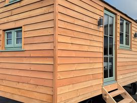A wooden cabin exterior with windows and door at Y Nyth