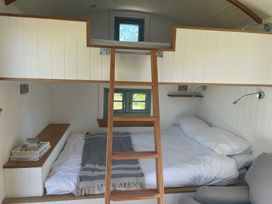 A bedroom with a loft bed and a ladder at Y Nyth