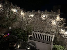 A garden with a stone wall and lights at the property in 