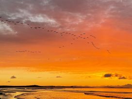 A sunset with birds flying over water at Kirkapol Beach Pod - Flow Isle of Tiree