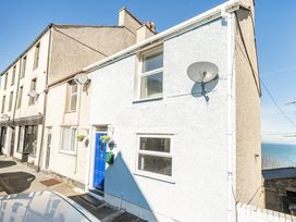A house with a blue door and satellite dish at Blue Haven in Penmaenmawr