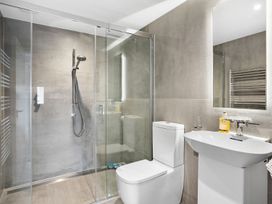 A bathroom with a shower, toilet, and sink at Huxham View and Annex Stoke Canon