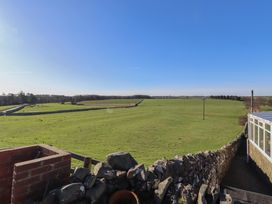An outdoor view of a green field with a stone wall and trees at Harry's Cottage in Embleton