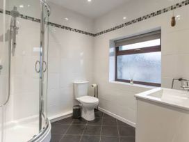 A bathroom with a shower, toilet, and sink at Black Bird Cottage Llangaffo