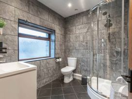 A bathroom with a shower, toilet, and sink at Black Bird Cottage in Llangaffo