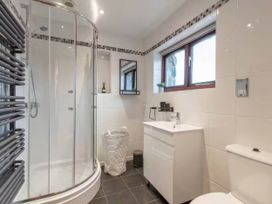 A bathroom with a shower, sink and toilet at Black Bird Cottage in Llangaffo