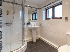 A bathroom with a shower, wash basin, and toilet at Blue Bird Cottage in Llangaffo