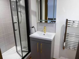 A bathroom with a shower and wash basin at Beech Cottages Llanrwst