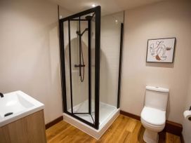A bathroom with a shower and toilet at Mountain View Cottage in Llanrwst