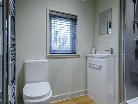 A bathroom with a toilet, sink, and shower at Tennyson Spa (Pet) in Louth