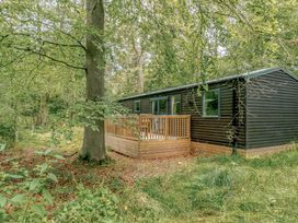 A cabin with decking in a forest at Horncastle Spa in Louth