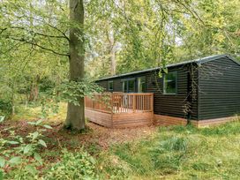 A cabin with a decking area in a forest at Horncastle Plus (Pet) Louth