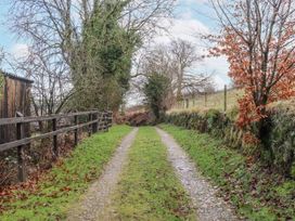 A dirt path between trees and a fence at Swallows Nest in Widecombe-in-the-Moor near Postbridge
