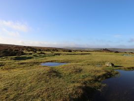 A landscape with grassland and water pools at Swallows Nest in Widecombe-in-the-Moor near Postbridge
