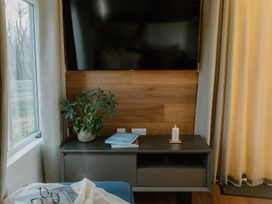 A living room with a television and a plant on a cabinet at The Elton in Kings Cliffe