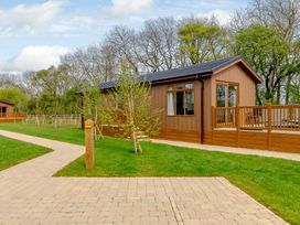 A cabin with a pathway and trees at The Castor in Kings Cliffe
