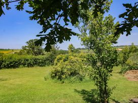 A garden with trees and grass at Leafy Oaks Cabin in Munslow