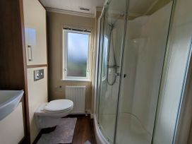 A bathroom featuring a shower, toilet, and sink at Plas Marchog Lodge in Pentraeth