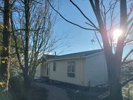 A cottage with trees and a pathway at Plas Marchog Lodge in Pentraeth