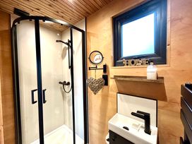 A bathroom with a shower and sink at Harriet in Llangurig