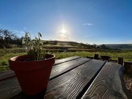 A table with a flower pot overlooking a landscape at Harriet in Llangurig