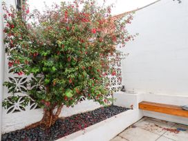 A garden with a tree and a stone bench at OG's House in Whitby