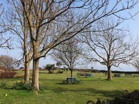 A garden with trees and picnic tables at Fluta in Seaton