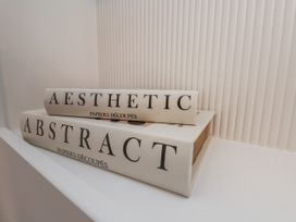 Two books titled AESTHETIC and ABSTRACT on a shelf