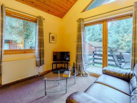 A living room with a sofa and television at Barnard Lodge (Pet) in Dundee