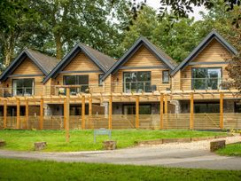 A row of wooden houses with balconies and large windows at Kilden Pet in Praze-An-Beeble